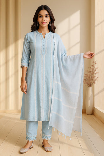 Sky Blue Straight Suit Set with White Lace Work