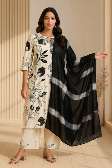 Black White Linen A-Line Suit Set