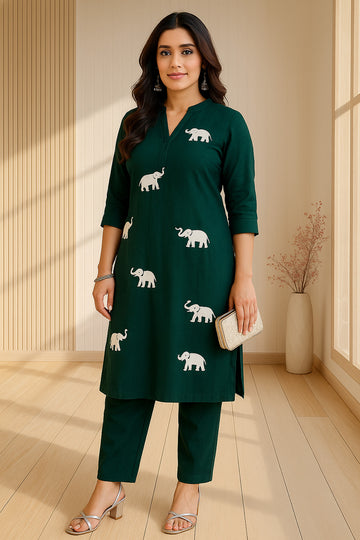 Green Hathi Embroidery Linen Co-ord Set