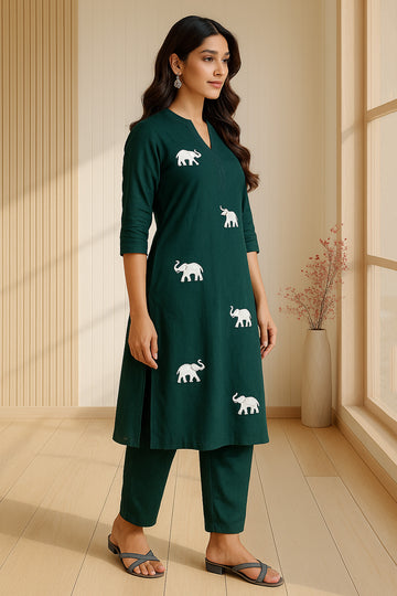 Green Hathi Embroidery Linen Co-ord Set