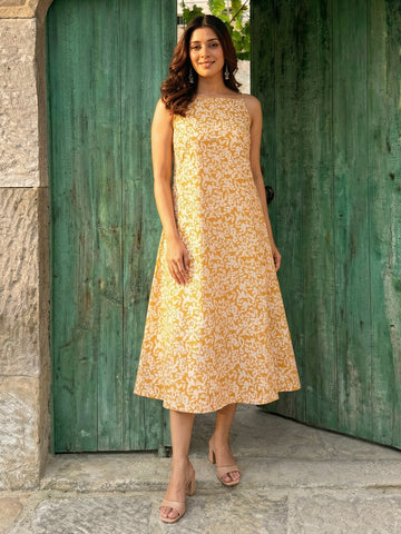 Fox brown printed cotton strap dress, front view