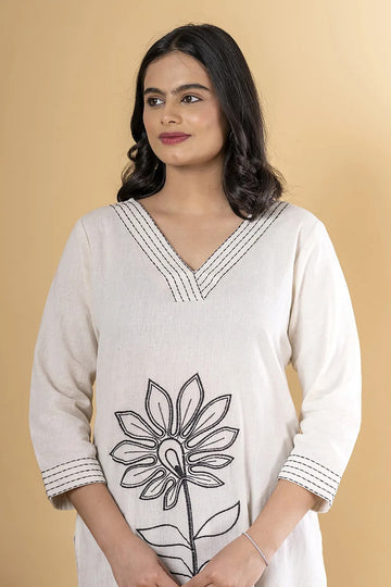 Off-White Flower Embroidered Linen Co-ord Set