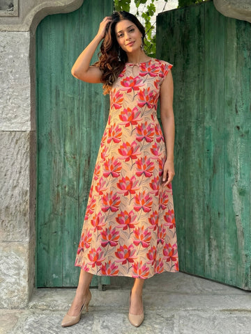 Lotus printed cotton dress, front view