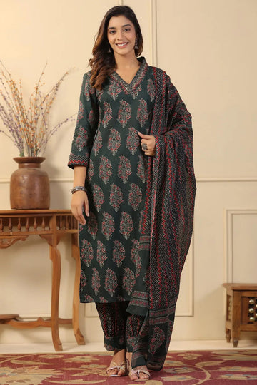 Ethnic Motif Printed Straight Cotton Suit Set