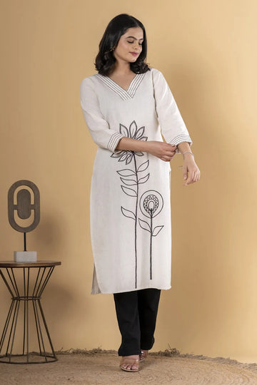 Off-White Flower Embroidered Linen Co-ord Set