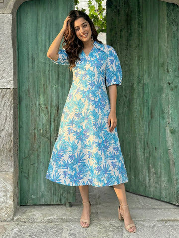 White and blue floral print linen-cotton dress, front view