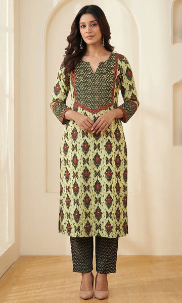 Green Cotton Straight Kurta