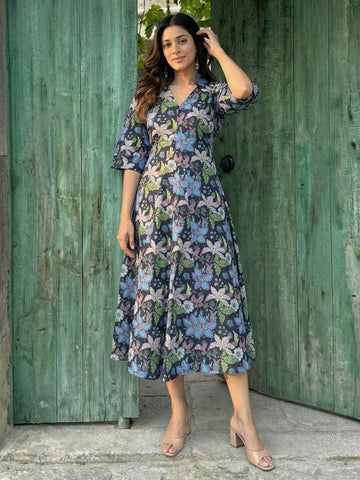 Dark blue printed cotton dress, front view