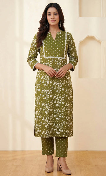 Green Cotton Straight Kurta