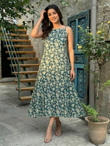 Teal blue printed cotton strap dress, front view