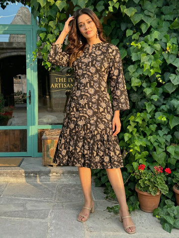 Brown printed cotton dress, front view