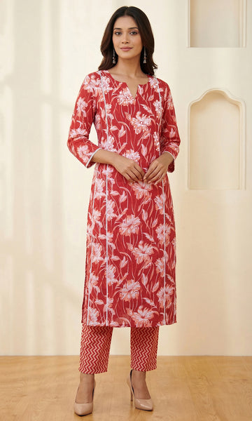 Red White Straight Kurta