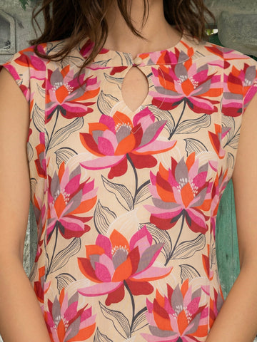 Lotus printed cotton dress, fabric detail close-up