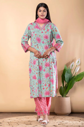 Pink Green Printed Cotton Straight Suit Set