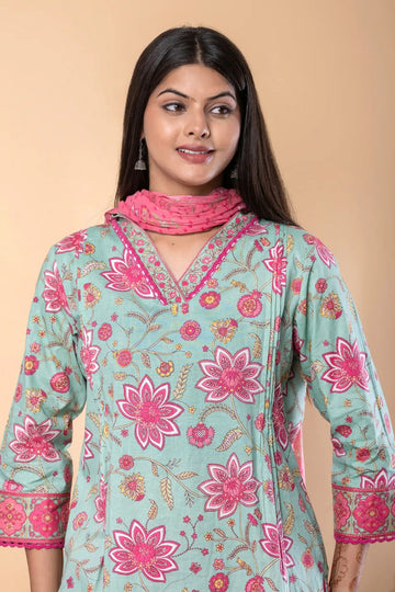 Pink Green Printed Cotton Straight Suit Set