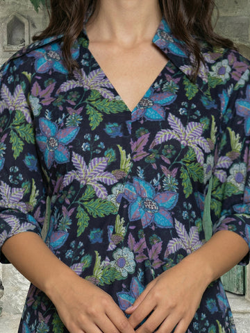 Dark blue printed cotton dress, fabric detail close-up