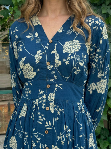 Indigo printed cotton dress, fabric detail close-up