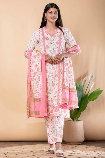 Pink White Cotton Straight Suit Set