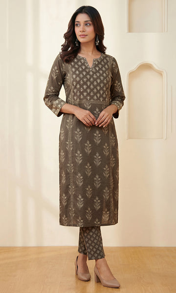 Brown Cotton Straight Kurta