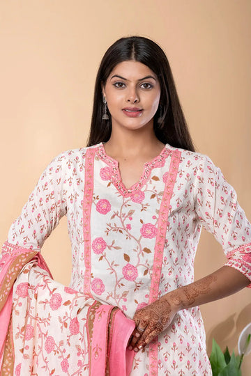 Pink White Cotton Straight Suit Set