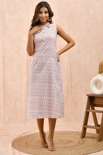 Off White and Pink Printed Organic Cotton Dress