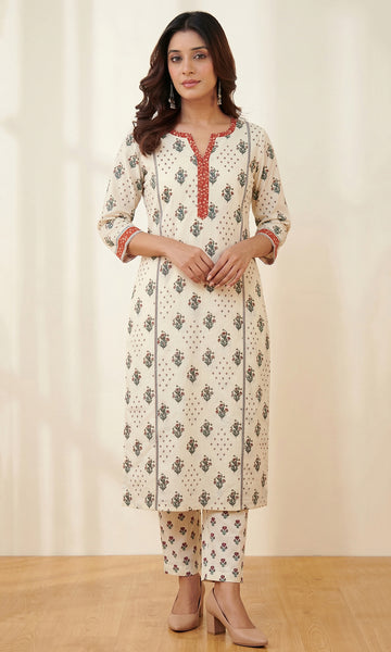 Off-White Red Straight Kurta