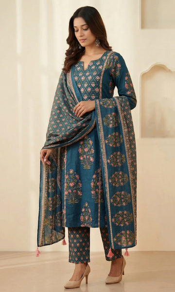 Blue Pink Printed Mulmul Dupatta