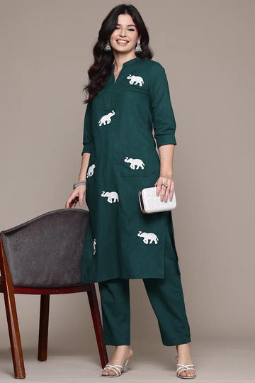 Green Hathi Embroidery Linen Co-ord Set