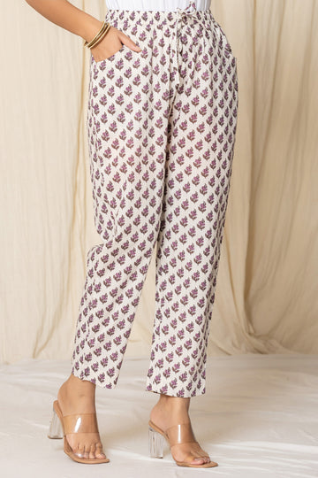 Cream Printed Cotton Narrow Pants