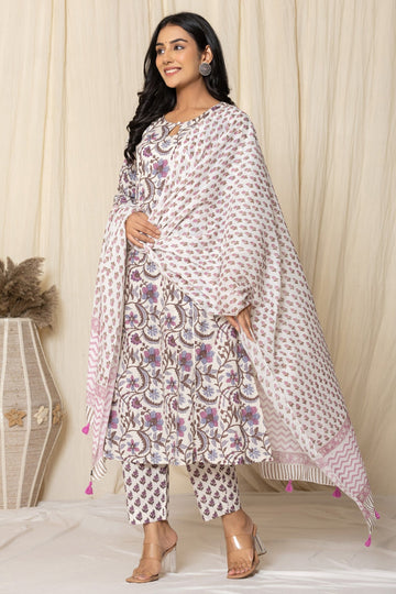 Cream Kantha Embroidered Cotton A-line Kurta