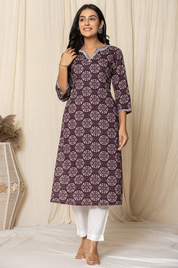 Purple Hand Printed Cotton Straight Kurta