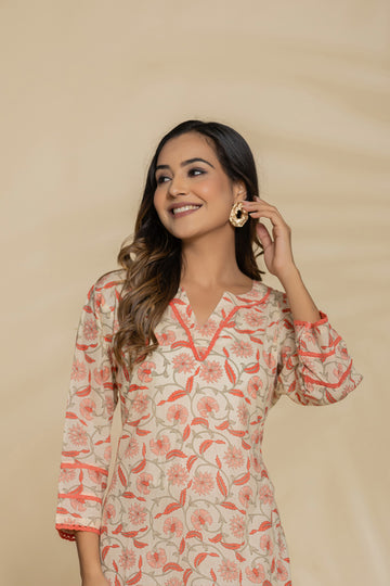 Cream Orange Floral Cotton Co-ord Set with Lace Work