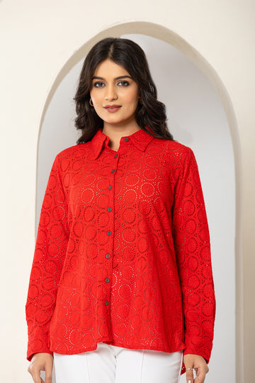 Red Schiffli Cotton Shirt