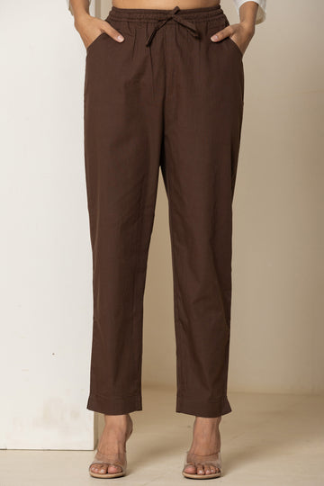 Coffee Brown Cotton Narrow Pants