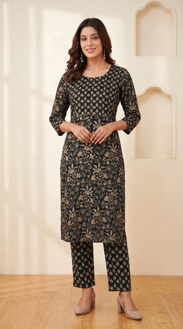 Black Beige Block Printed Cotton Straight Kurta