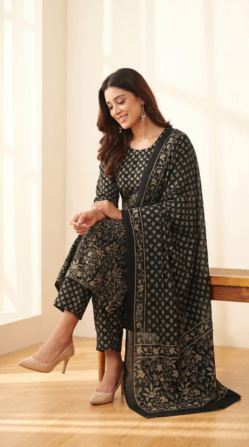 Black Beige Mulmul Dupatta