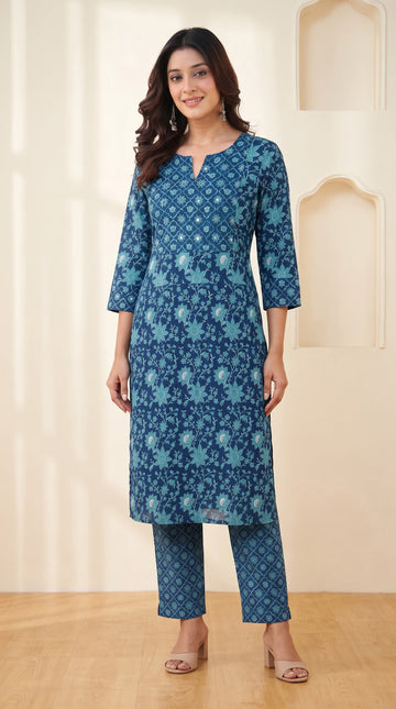 Blue Block Printed Cotton Straight Kurta