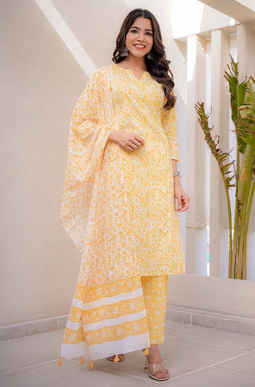 Yellow Cotton Straight Kurta