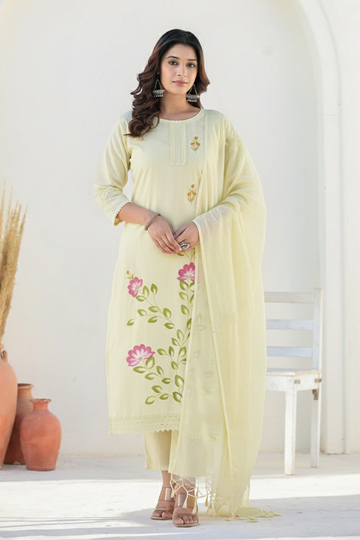 Yellow Embroidered Straight Cotton Suit Set