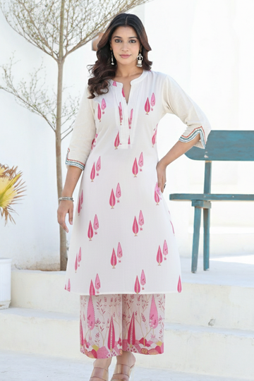 Pink White Cotton Cotton Co-ord Set