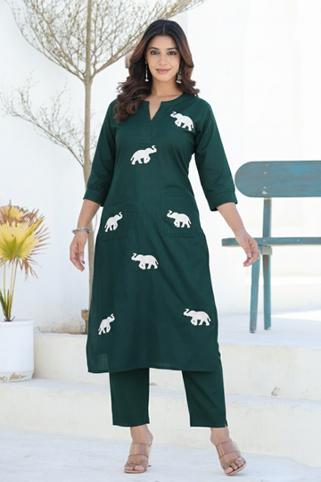 Green Hathi Embroidery Linen Co-ord Set