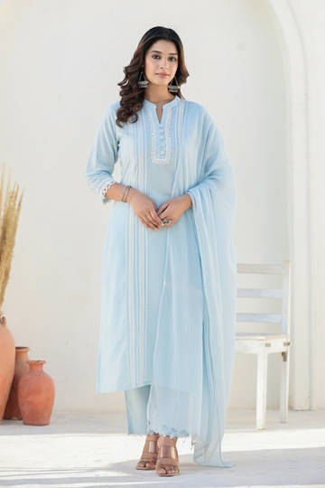 Sky Blue Straight Suit Set with White Lace Work