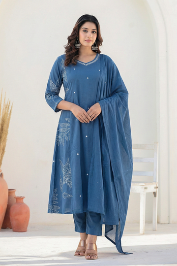 Blue A-Line Cotton Suit Set