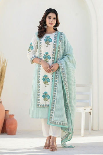 Blue White Straight Suit Set with Dupatta