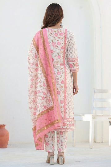 Pink White Cotton Straight Suit Set