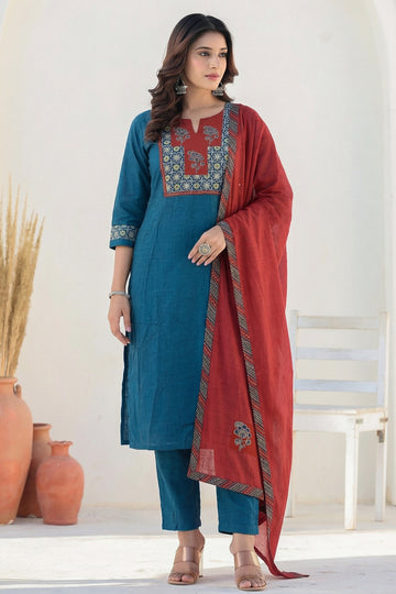 Blue Red Straight Suit Set with Dupatta