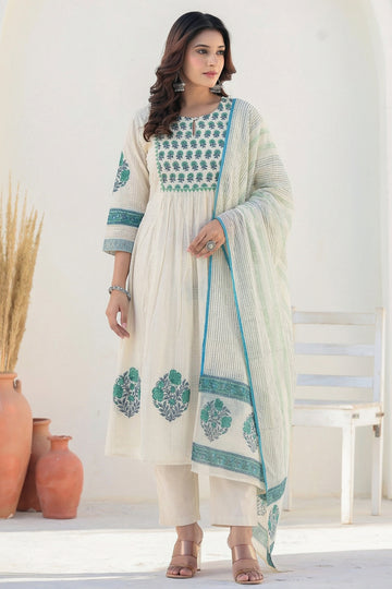 Blue White Anarkali Suit Set with Dupatta