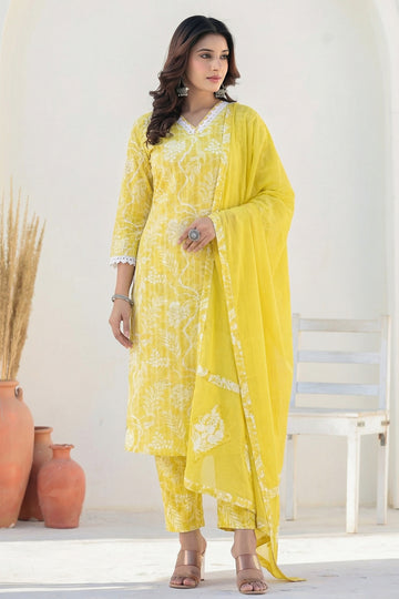 Yellow White Straight Suit Set with Dupatta