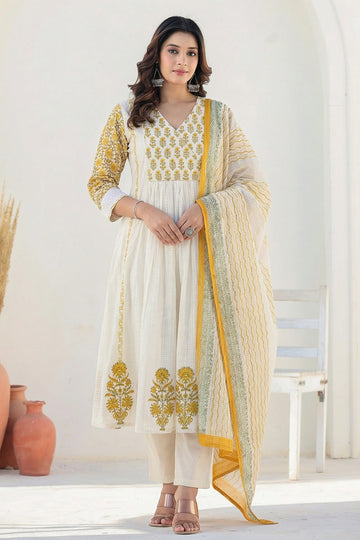 Yellow White Anarkali Suit Set with Dupatta