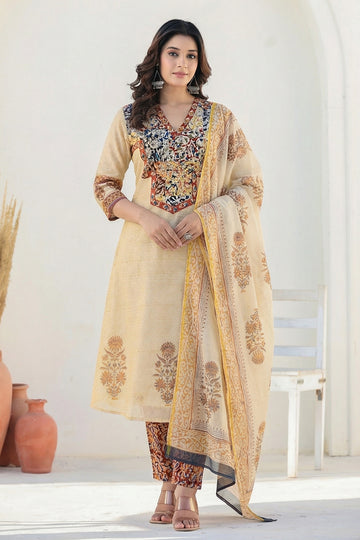 Yellow Brown Straight Suit Set with Dupatta